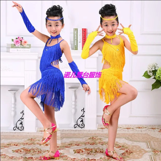 Boys' Latin dance outfits, kids' dance costumes, tassel training outfits for boys and girls, and ballet performance costumes.