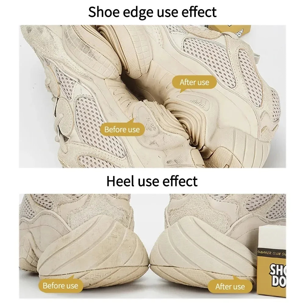 White shoe cleaner removes dirt from slippers, shoes, and sneakers using various cleaning tools.