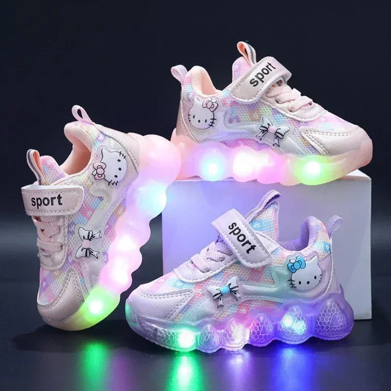 cute Hello Kitty casual shoe suitable for baby girls, children, toddlers, walking, and kids, featuring LED light sneakers and anti-slip features.