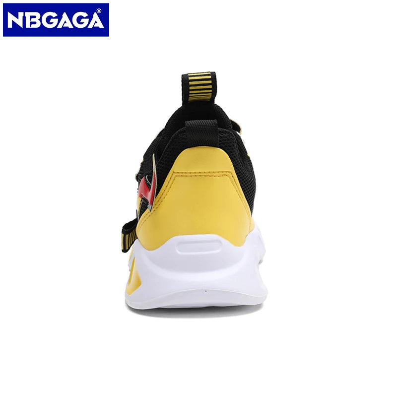 cartoon kids shoes for boys are made of mesh sneakers, perfect for children's casual sports and running, featuring a yellow school student design.