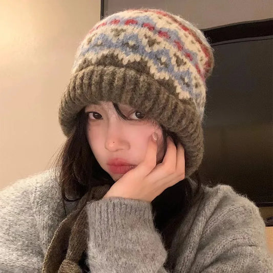 women Ethnic style striped spliced knitted woolen hat for autumn and winter