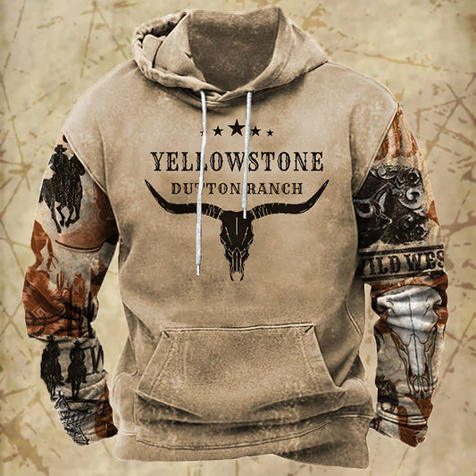 Men's Vintage Yellowstone Graphic Hoodie - Oversized, Long Sleeve Sweatshirt for Autumn.