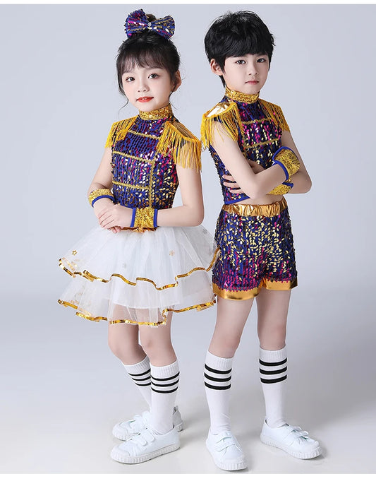 Children's Modern Dance Outfit: Sequin Jazz Dance Clothing Set for Boys and Girls. Perfect for stage performances and cheerleading!