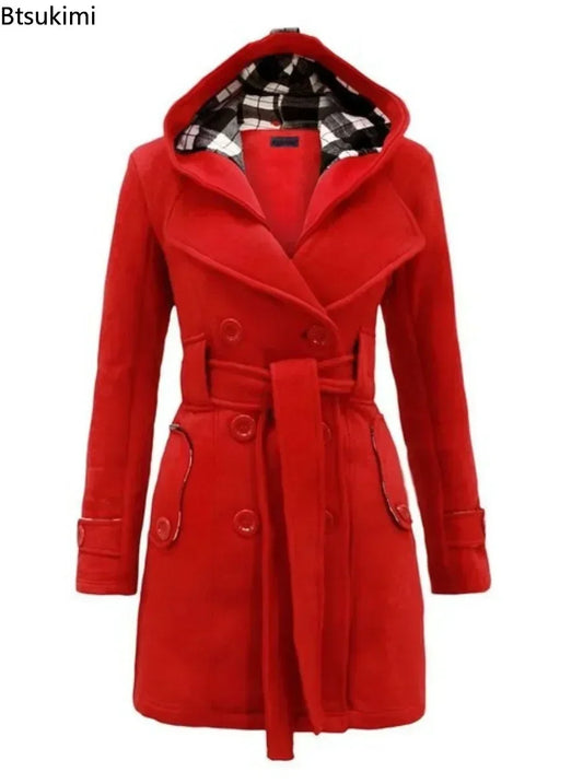 The 2025 Autumn Women's Hooded Overcoat Trend features a double-brested design, belt side pockets, plaid splice woolen coats, and is available in a feminine style.