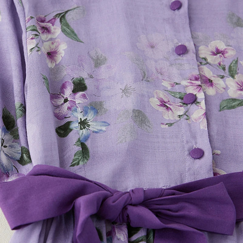 Purple Maxi Dress for women. It features a flower print, vintage style, high waist, and turn-down neck.