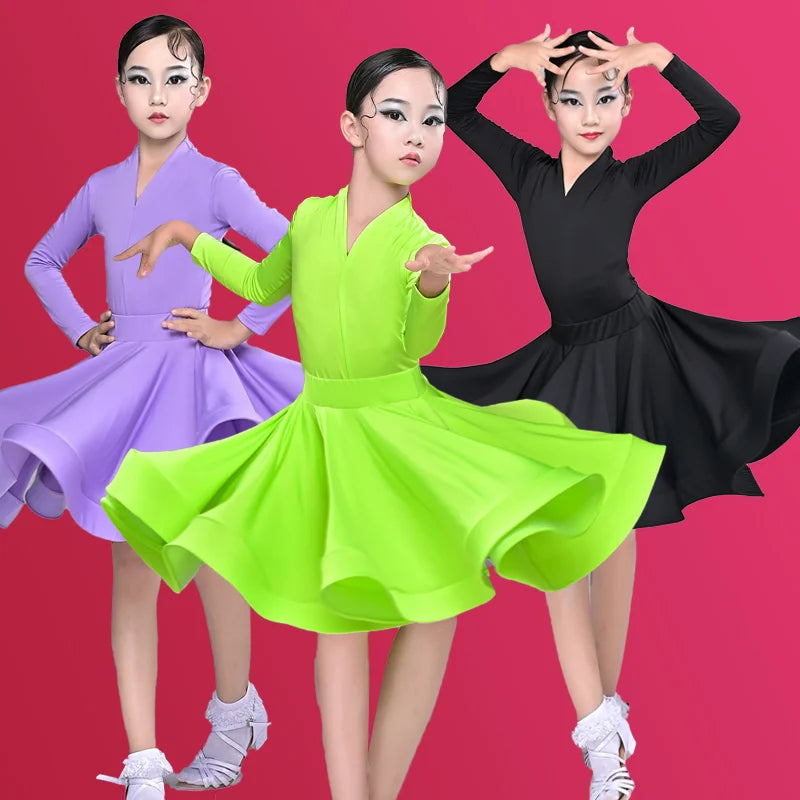 Girls' Latin Dance Training Costume – New Performance Outfit for Children – Competition-Ready Dance Dress.