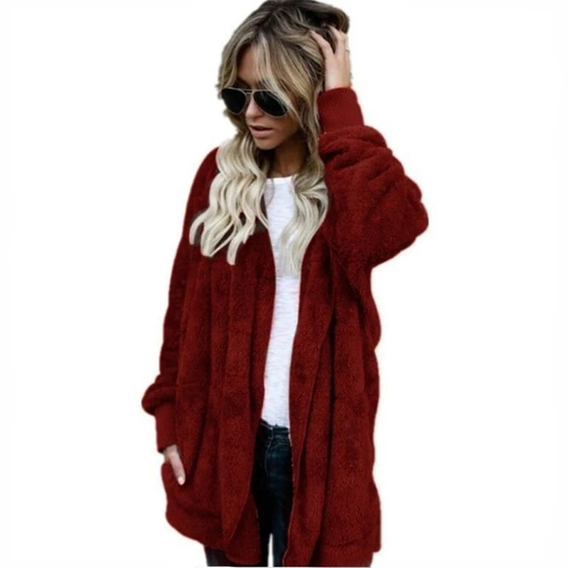 Winter Double Fleece Cardigan Jacket Women Solid Color Long Sleeve Plush Warm Hooded