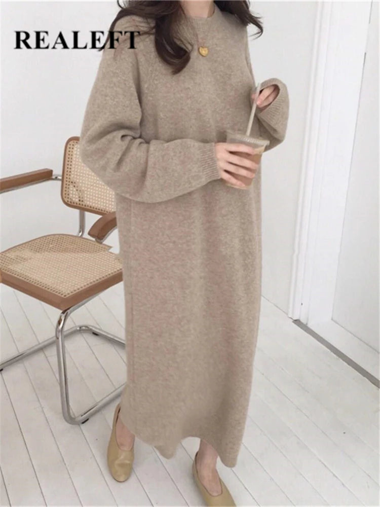 Autumn Winter  New O-Neck Casual Loose Knitted Dress Female Straight Long Sleeve