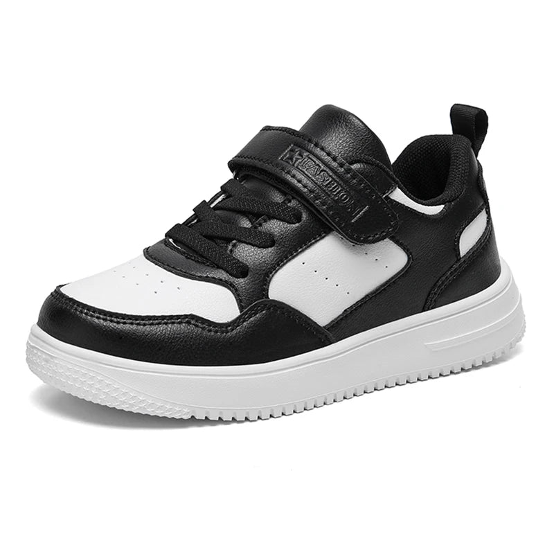 pair of lightweight, non-slip, children's sneaker shoes made of black leather for casual wear.