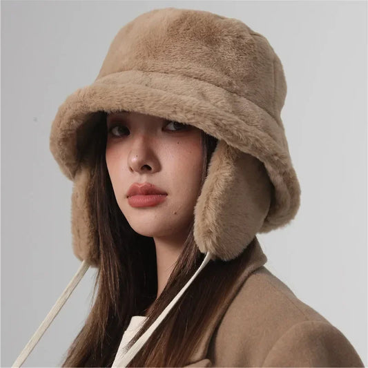 Winter Warm Bucket Hat Hats for Women Golf Cap , Winter Hat Barrel Cap Cotton Fabric Ear Protection Cap