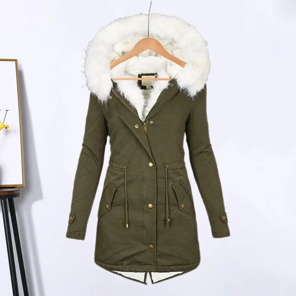 The Lady Coat features a furry hooded plush lined mid-length cold-proof outerwear with pockets and a drawstring waist for a comfortable and stylish daily overcoat.