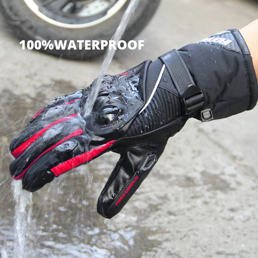 Motorcycle gloves that keep out wind and water. They are for men and can be used for riding motorbikes. They work with touch screens and are good for winter.