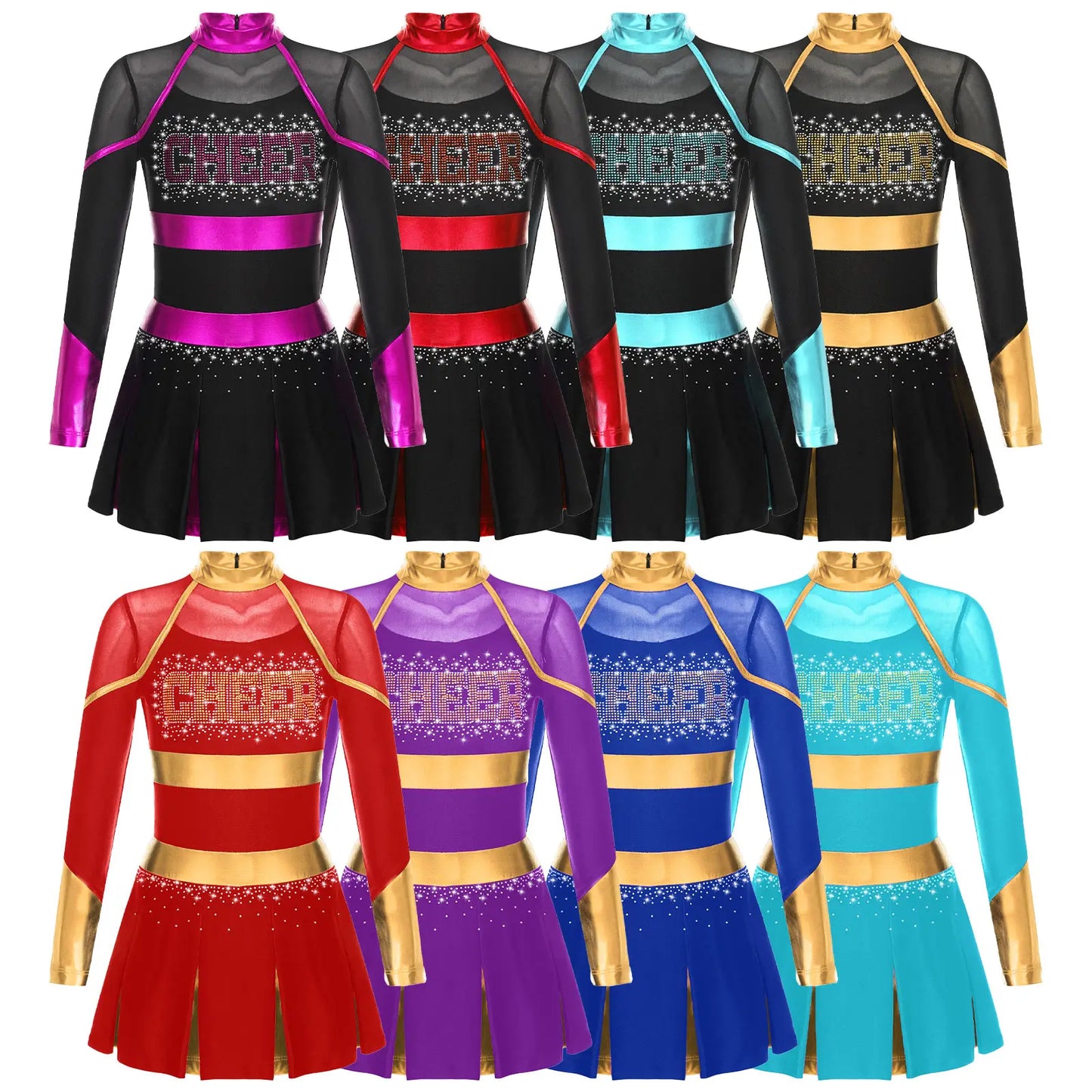 Girls' Cheerleading Dance Outfit: Long Sleeve Shiny Dress with Rhinestones and Sheer Mesh for School Performances.