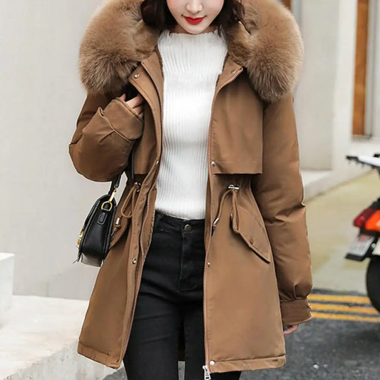 The Windbreaker Style Women Cotton Coat Faux Fur Collar Hooded Zipper Closure Coat is a fashionable, thickened long lady parka.