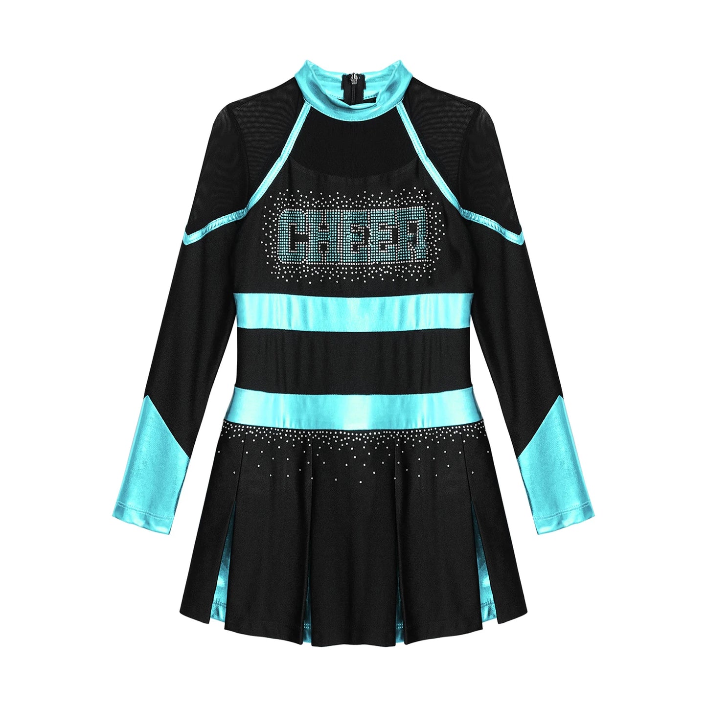 Girls' Cheerleading Dance Outfit: Long Sleeve Shiny Dress with Rhinestones and Sheer Mesh for School Performances.