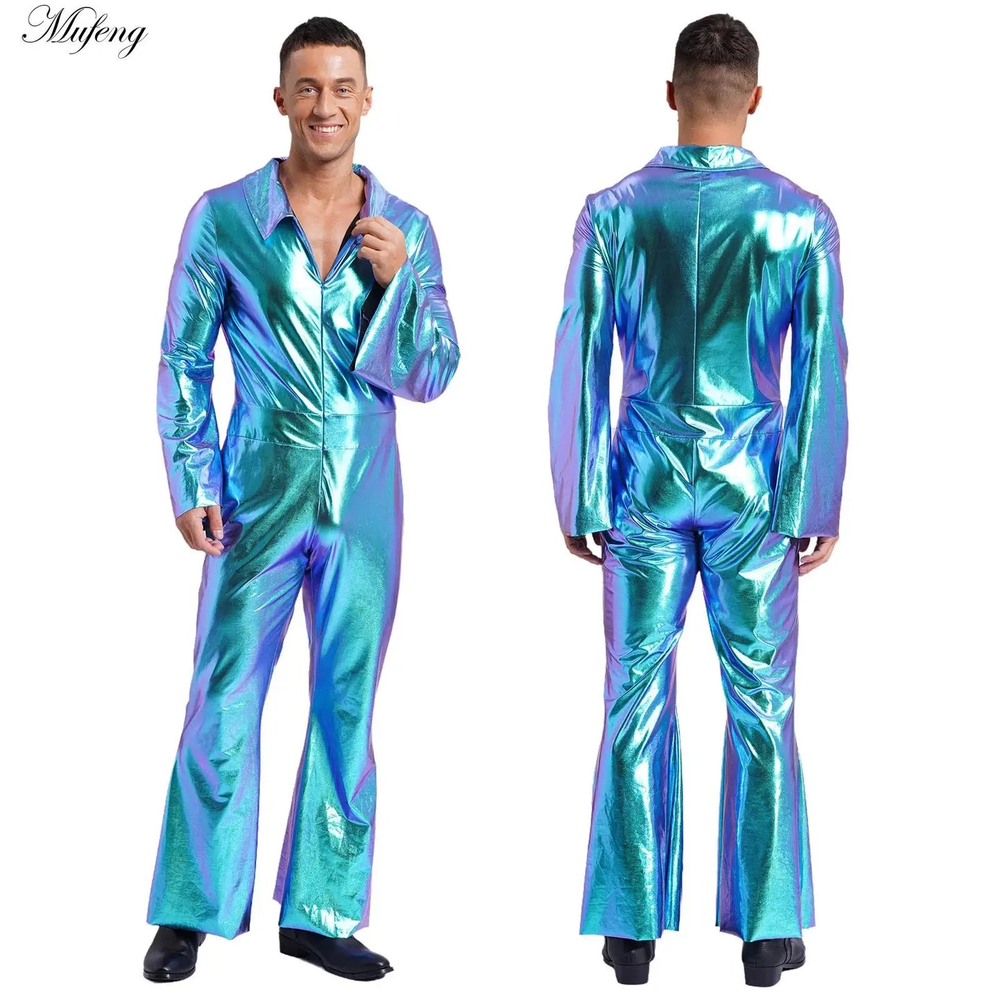 Men's 70s Disco Jumpsuit Costume – Perfect for retro disco, music festivals, Halloween parties, and fancy dress events. Great for jazz dancing and embracing that hippie vibe!