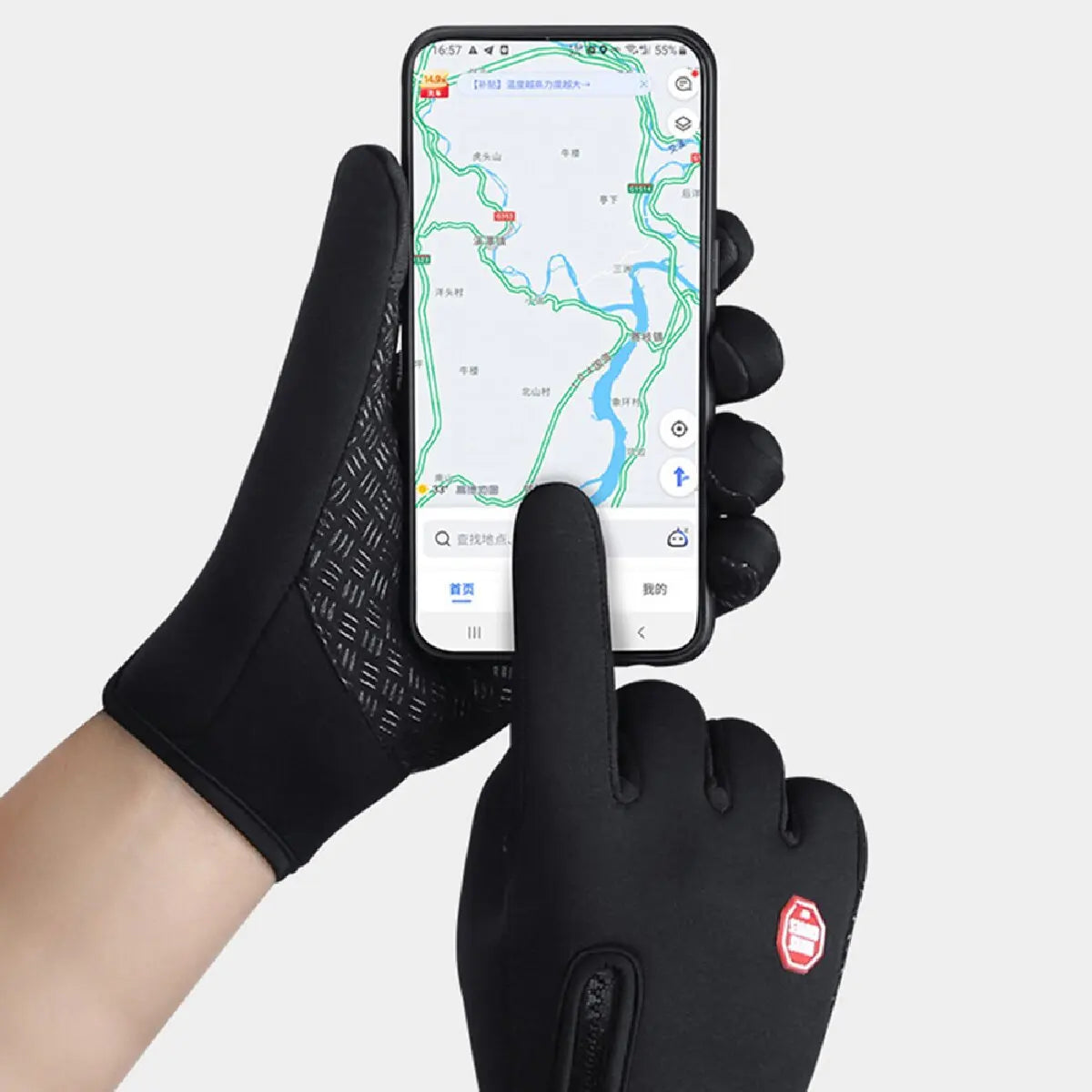 Warm, windproof gloves for winter that are anti-slip and work with touch screens. They are full-finger gloves for cycling and other sports.