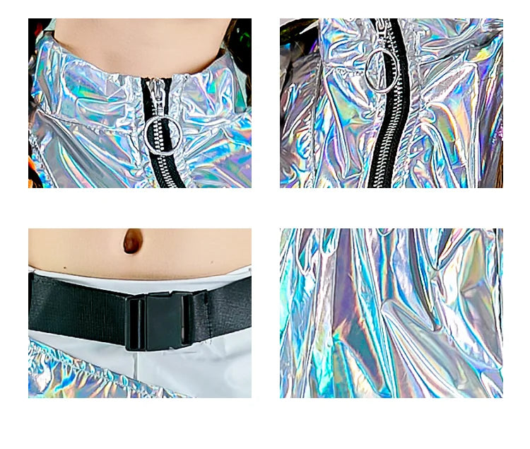 PU Hip-Hop Dance Clothes: Reflective rave outfits for girls. Includes stylish crop tops and cargo pants, perfect for jazz dance, festivals, or catwalk shows.