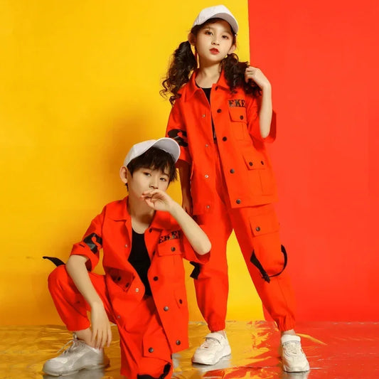 Orange Jacket and Loose Casual Pants for Kids - Jazz and Hip Hop Dance Costumes for Boys and Girls. Perfect for Hip Hop and Street Ballroom Dancing!