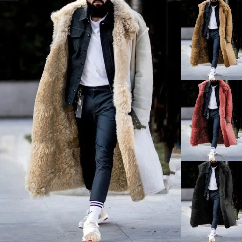 2025 Winter Mens Coat features a thickened Imitation Fur Jacket, solid cardigan, and male long overcoat in size 5XL.