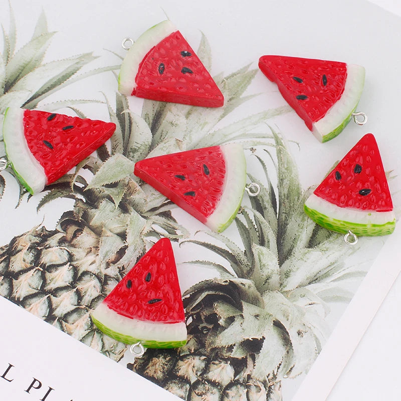 10 pieces of resin fruit watermelon charms for making jewelry like necklaces, bracelets, earrings, and keychains.