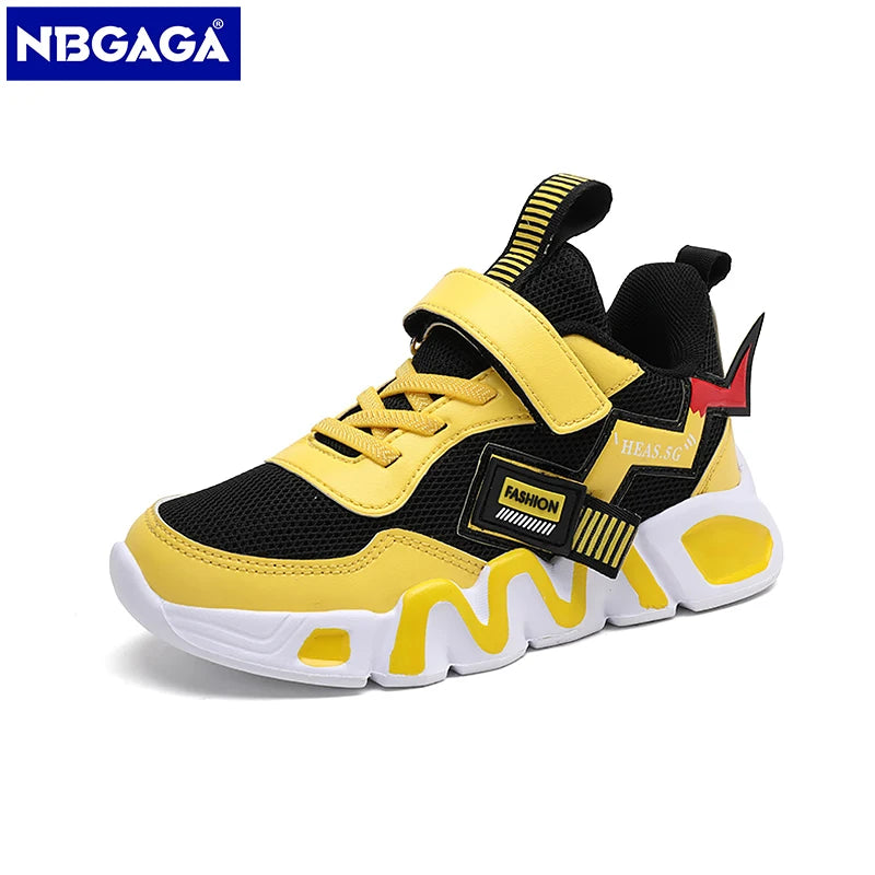 cartoon kids shoes for boys are made of mesh sneakers, perfect for children's casual sports and running, featuring a yellow school student design.