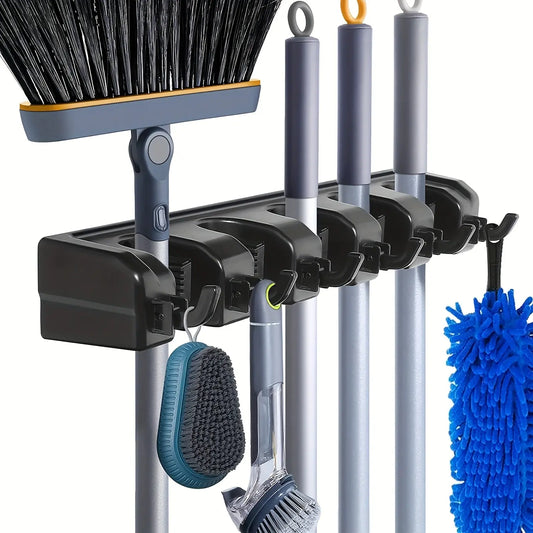 Wall-Mounted Mop Holder: A multi-functional broom hanger that holds 3 to 5 items. It’s perfect for organizing your home and kitchen. Made of durable black plastic, it keeps your mops and brooms neatly stored.