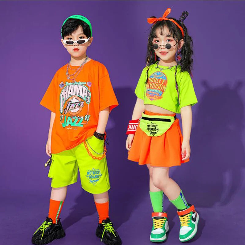 Hip Hop Clothing for Kids: T-shirts, tops, summer skirts, and shorts. Perfect for streetwear, jazz dance, and cheerleading outfits for both girls and boys!