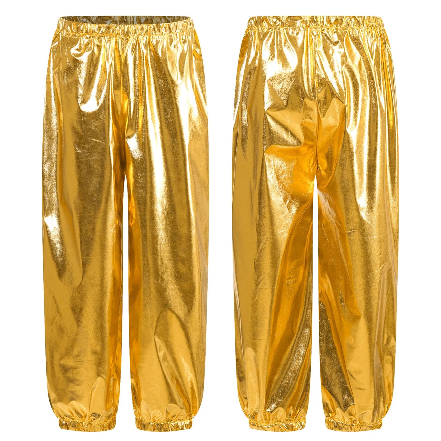 Kids' shiny metallic harem pants with an elastic waistband for jazz dance, hip hop, and stage performances.