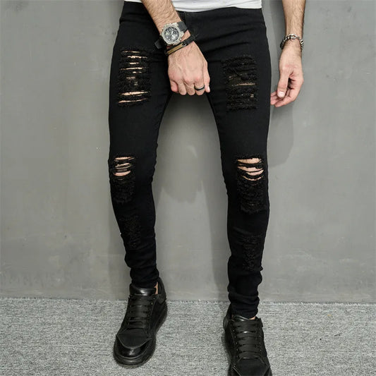 Men's Ankle-Length Vintage Ripped Jeans - Slim Fit, Skinny Denim Pants with Pockets, Distressed Style. Perfect for Bikers! 2024 Edition.