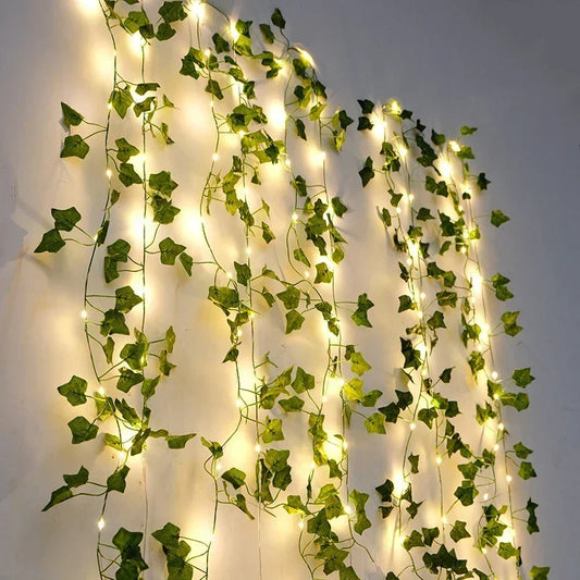 2.3m Silk Leaves Fake Ivy Vine with 3m LED String Lights for Home, Wedding, and Party Decorations. Perfect for Hanging Garlands and Artificial Flower Displays.