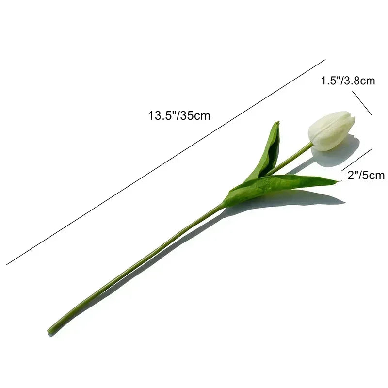 The item includes 3/5 pieces of artificial flowers, including tulips, which are a real touch bouquet suitable for wedding decorations and home decor.