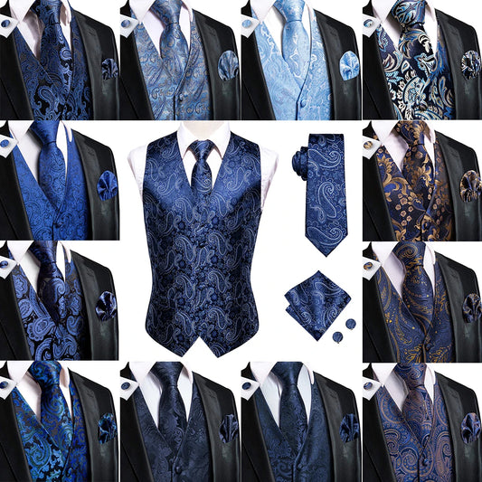 Hi-Tie Navy Blue Men's Vest Set: Formal silk paisley waistcoat with matching tie, handkerchief, and cufflinks. Perfect for dressing up at weddings and parties.