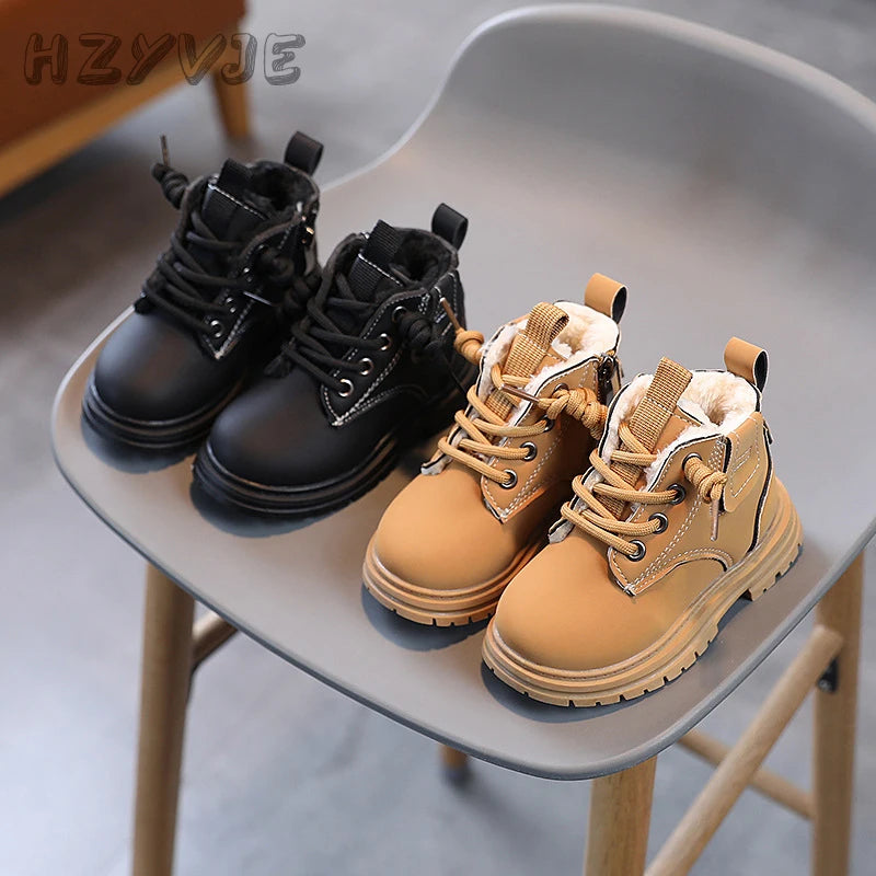 New children's fashion boots featuring thickened leather for boys and girls, with side zippers and solid color for kids casual wear.