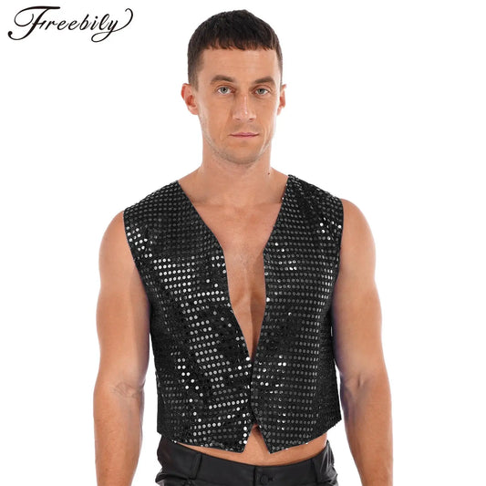 Shiny sequin vest tops for men and women, perfect for jazz dance, stage performances, music festivals, carnival parties, and cosplay costumes.