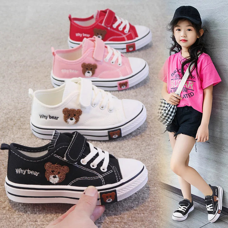 set of children's canvas shoes, specifically designed for girls and boys, featuring a cartoon bear design for a soft-bottomed casual sneaker.