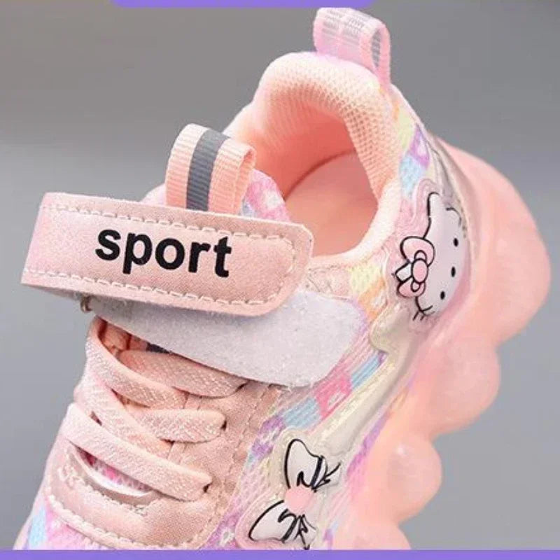 cute Hello Kitty casual shoe suitable for baby girls, children, toddlers, walking, and kids, featuring LED light sneakers and anti-slip features.