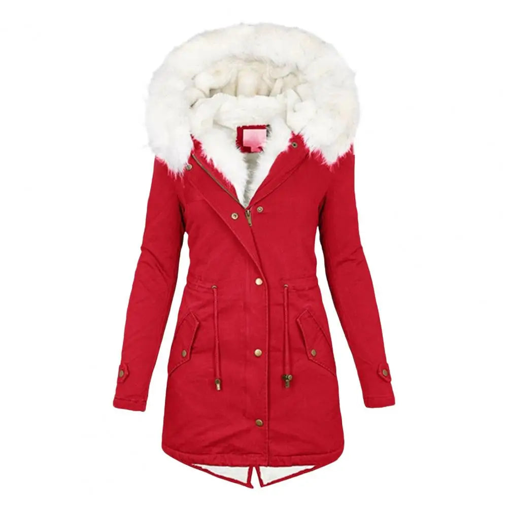 The Lady Coat features a furry hooded plush lined mid-length cold-proof outerwear with pockets and a drawstring waist for a comfortable and stylish daily overcoat.