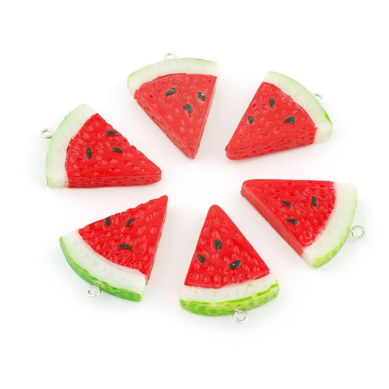 10 pieces of resin fruit watermelon charms for making jewelry like necklaces, bracelets, earrings, and keychains.