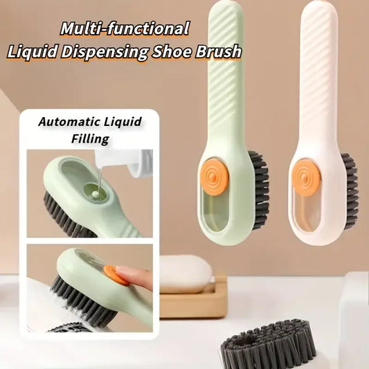 1 piece of multi-functional automatic shoe brush with soft bristles. It has a hand pressure feature and a hanging hole. It's suitable for cleaning clothes, carpets, and has plastic handles.