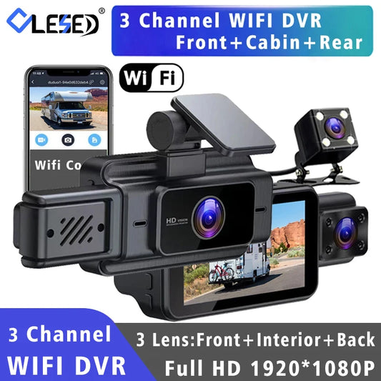 Wi-Fi 3 Channel Dash Cam with Interior Lens – HD 1080P Car Camera for Recording Video Inside Your Vehicle.