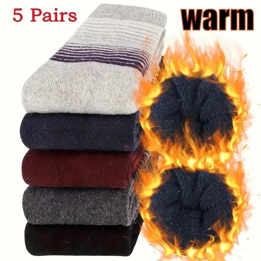 5 Pairs Men's Fashionable Striped Pattern Wool Socks Warm Winter Mid Length Socks