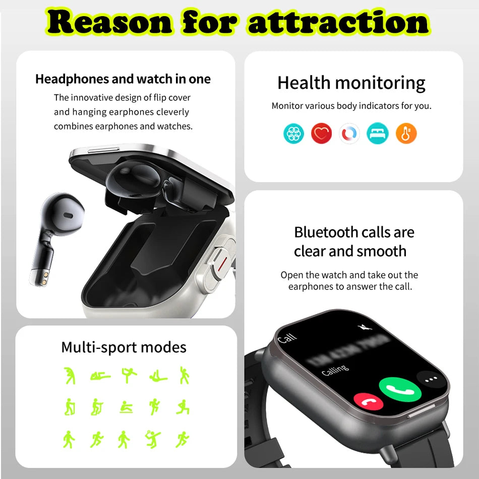 2024 Smart Watch with Earphones - Bluetooth Calls, GPS, Heart Rate Monitor, and Music Playback.