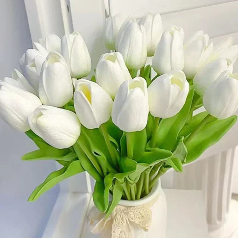 The item includes 3/5 pieces of artificial flowers, including tulips, which are a real touch bouquet suitable for wedding decorations and home decor.