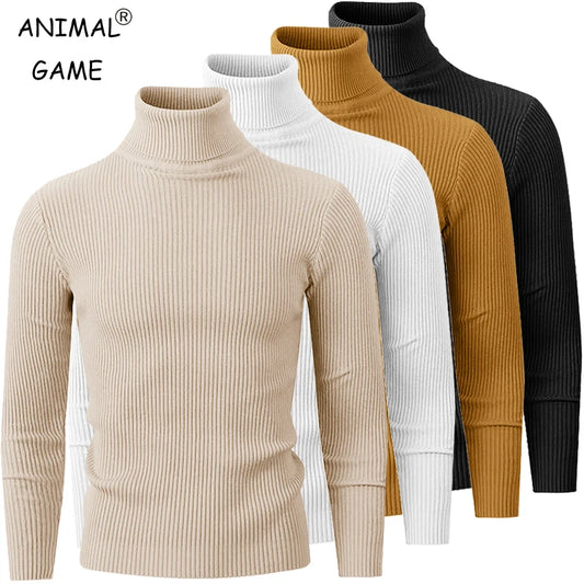 Men's Long Sleeve Striped Turtleneck Sweater - Oversized Black Knit for Autumn. Simple, stylish, and perfect for streetwear!