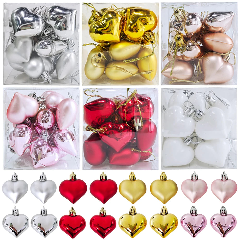 12-Piece Love Heart Christmas Ornaments in Red and Gold. These plastic balls are perfect for hanging on your Christmas tree and will add a festive touch to your holiday decor for 2024.