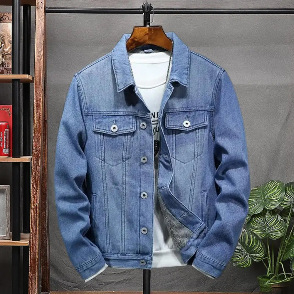 Winter Men's Jean Jacket: Solid Color, Turned-Down Collar, Denim Outerwear. Cozy, Single-Breasted, Cargo Coat for Everyday Streetwear.