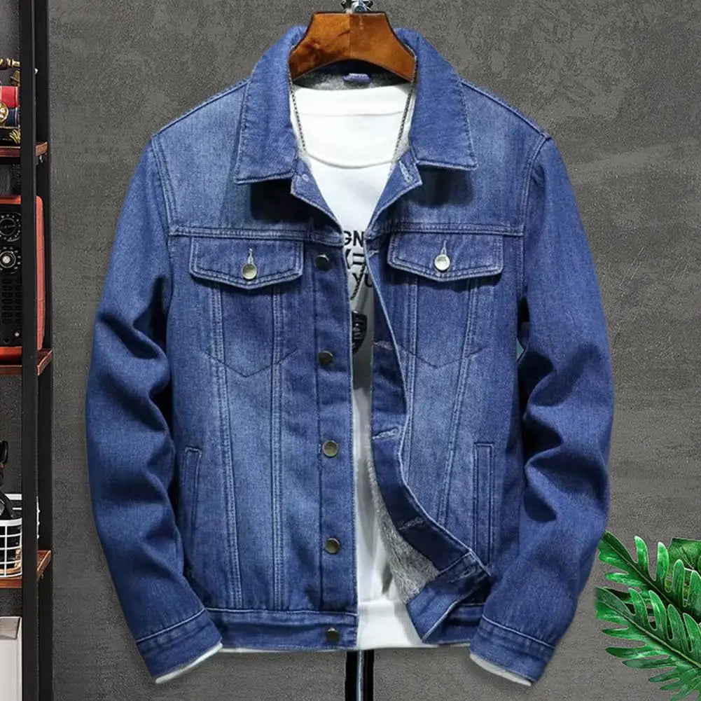 Winter Men's Jean Jacket: Solid Color, Turned-Down Collar, Denim Outerwear. Cozy, Single-Breasted, Cargo Coat for Everyday Streetwear.