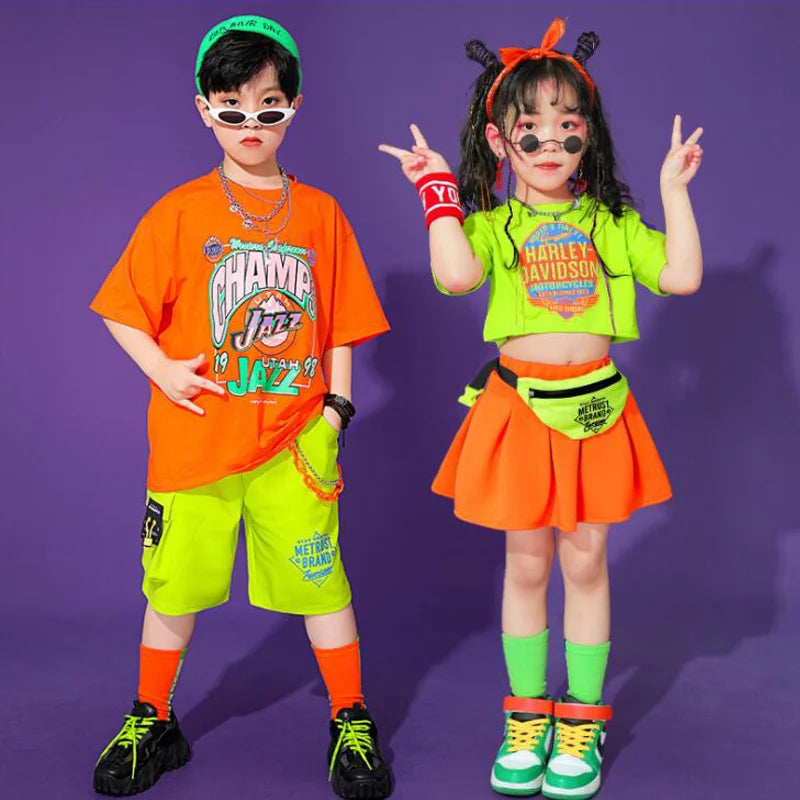 Hip Hop Clothing for Kids: T-shirts, tops, summer skirts, and shorts. Perfect for streetwear, jazz dance, and cheerleading outfits for both girls and boys!