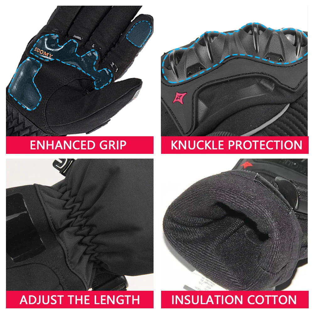 Motorcycle gloves that keep out wind and water. They are for men and can be used for riding motorbikes. They work with touch screens and are good for winter.